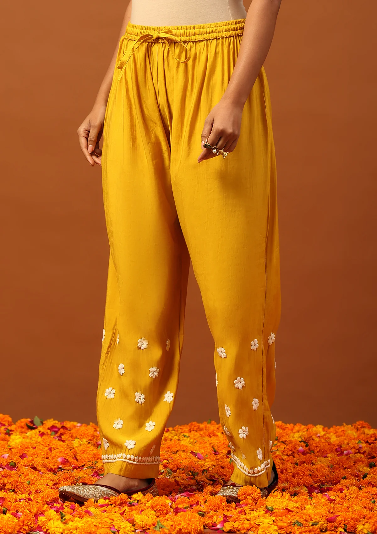 HOC Chanderi Chikankari Solid Women's 2 PC Long Kurta Set -Mustard - Healthber