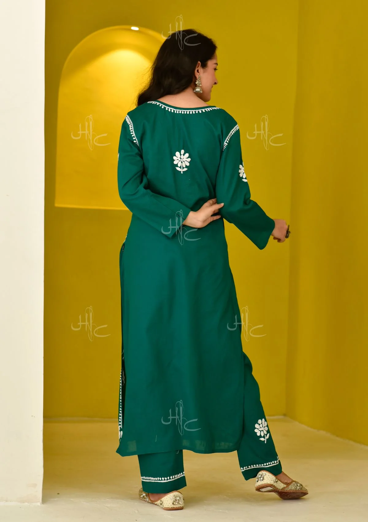 HOC Juhaina Chikankari Cotton Straight Set (Teal Green) - Healthber