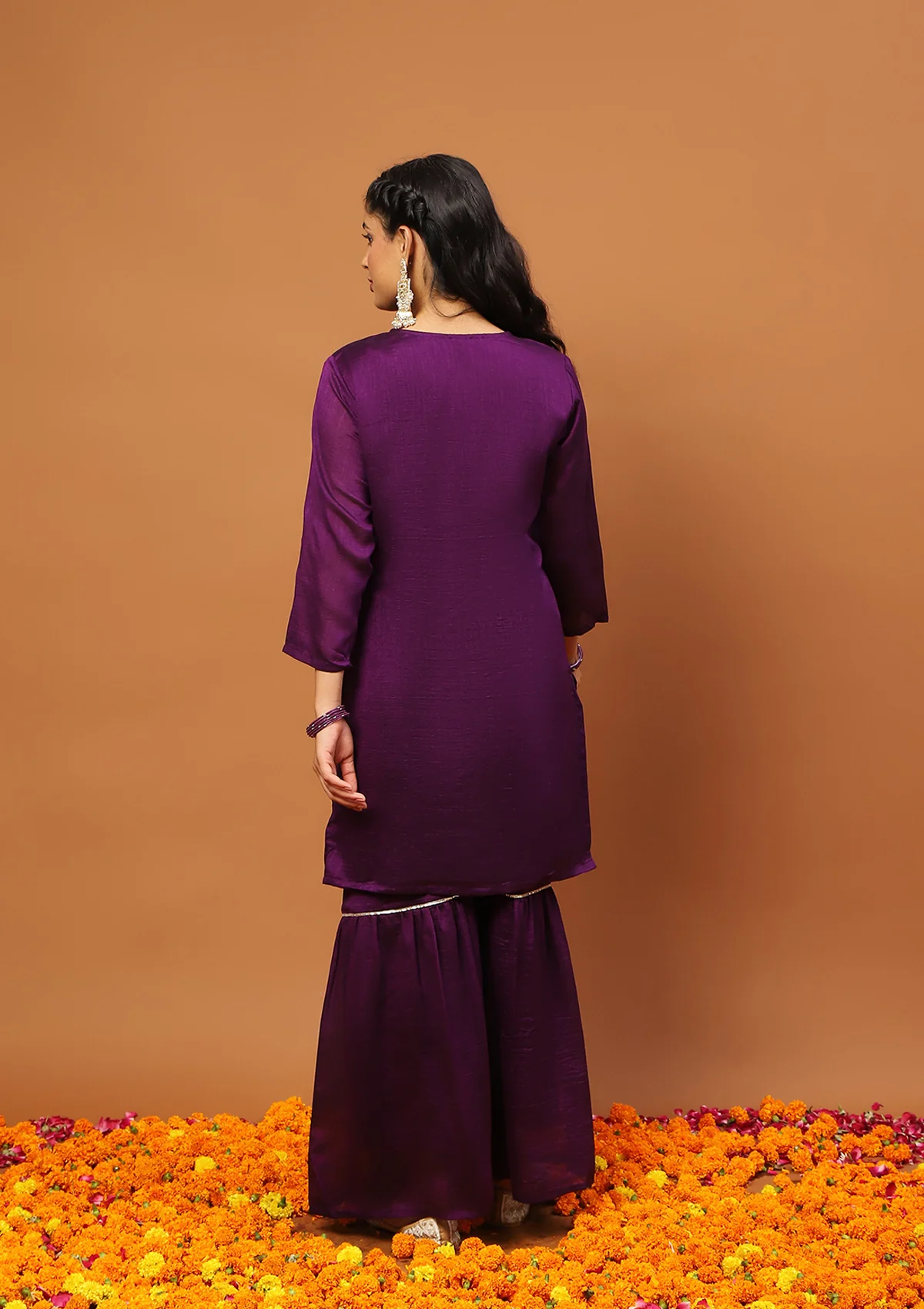 HOC Silk Blend Embroidered With Sequins Solid Women's 3 PC Gharara Kurta Set-Purple - Healthber