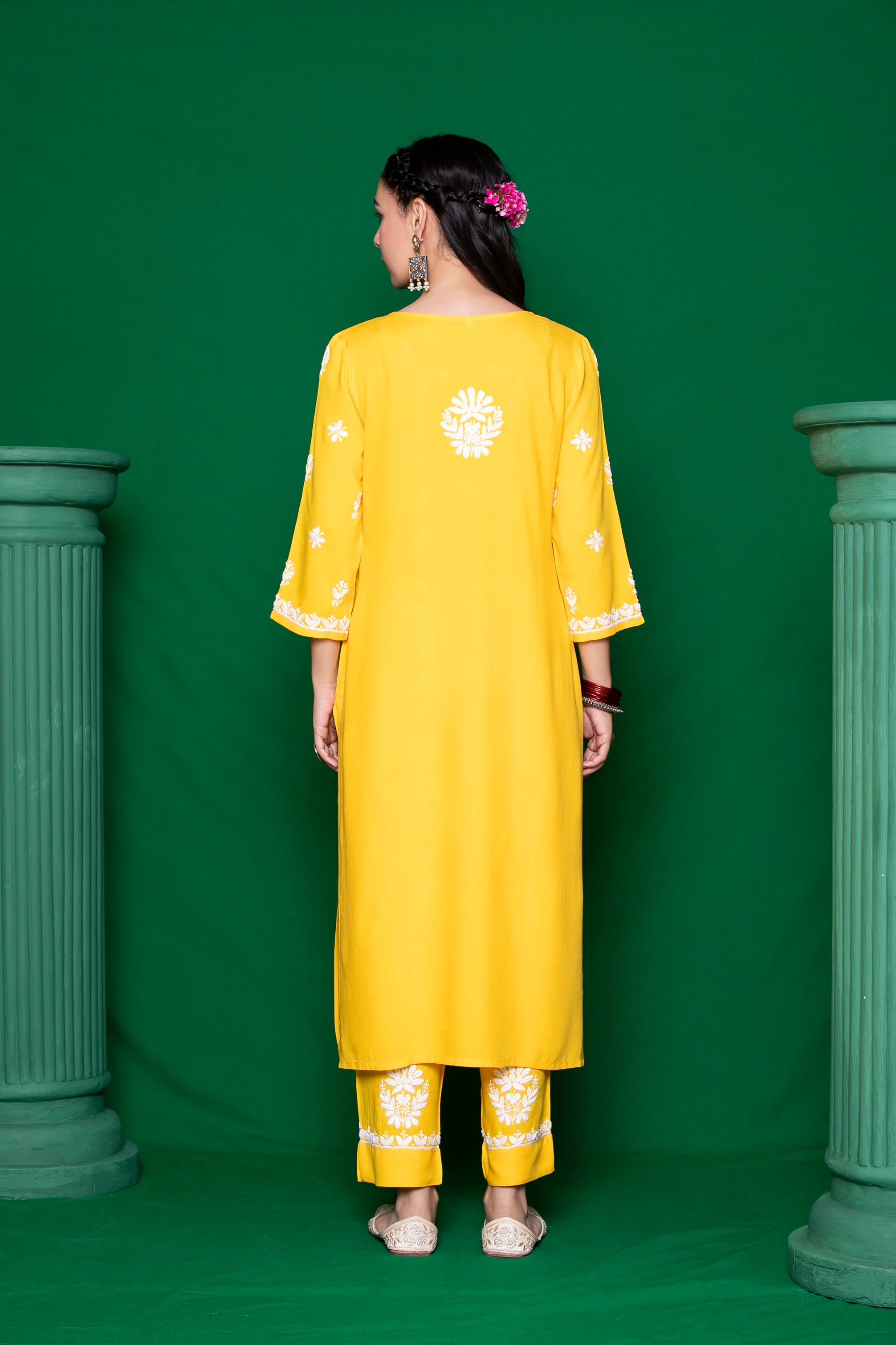 HOC Rayon Chikankari Solid Women's 3 PC Long Kurta Set - Yellow - Healthber