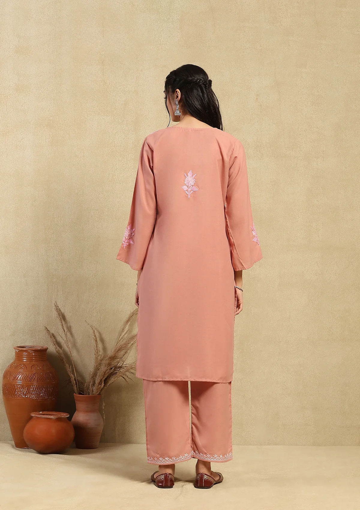 HOC Cotton Aari Embroidered Solid Women's 2 PC Long  Kurta Set - Pink - Healthber