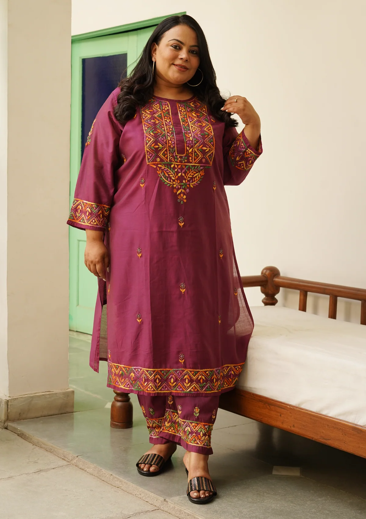 HOC Aafna Chikankari Chanderi Women's 2 PC Straight Kurta Set- Purple - Healthber