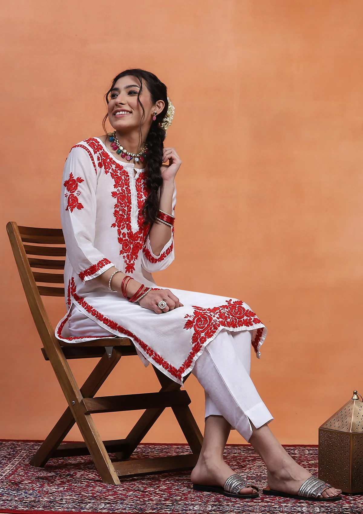 HOC Chanderi Chikankari Solid Women's Long Kurta  - White - Healthber