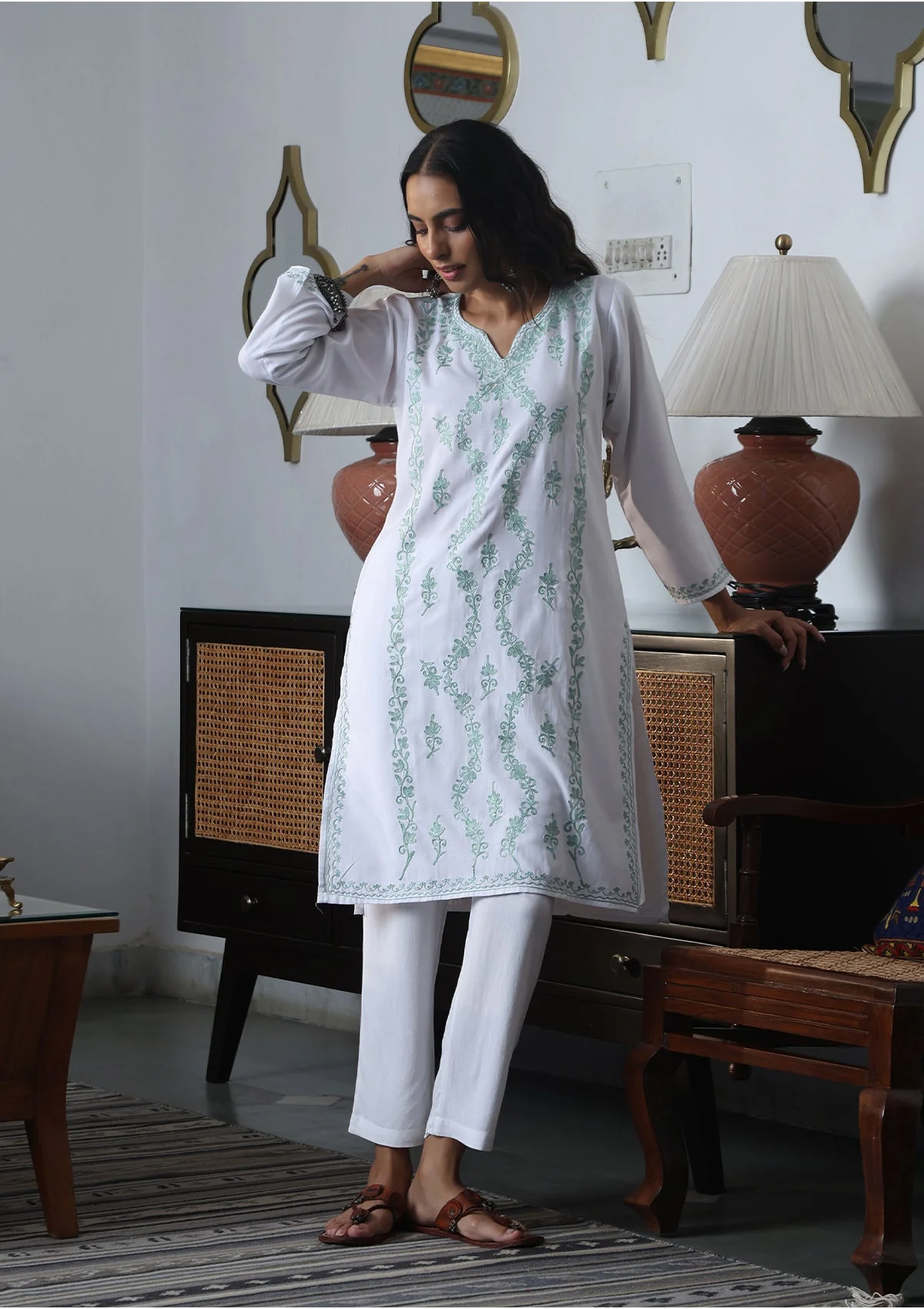 HOC Aari Embroidered Cotton Solid Women's Long Kurta - White - Healthber