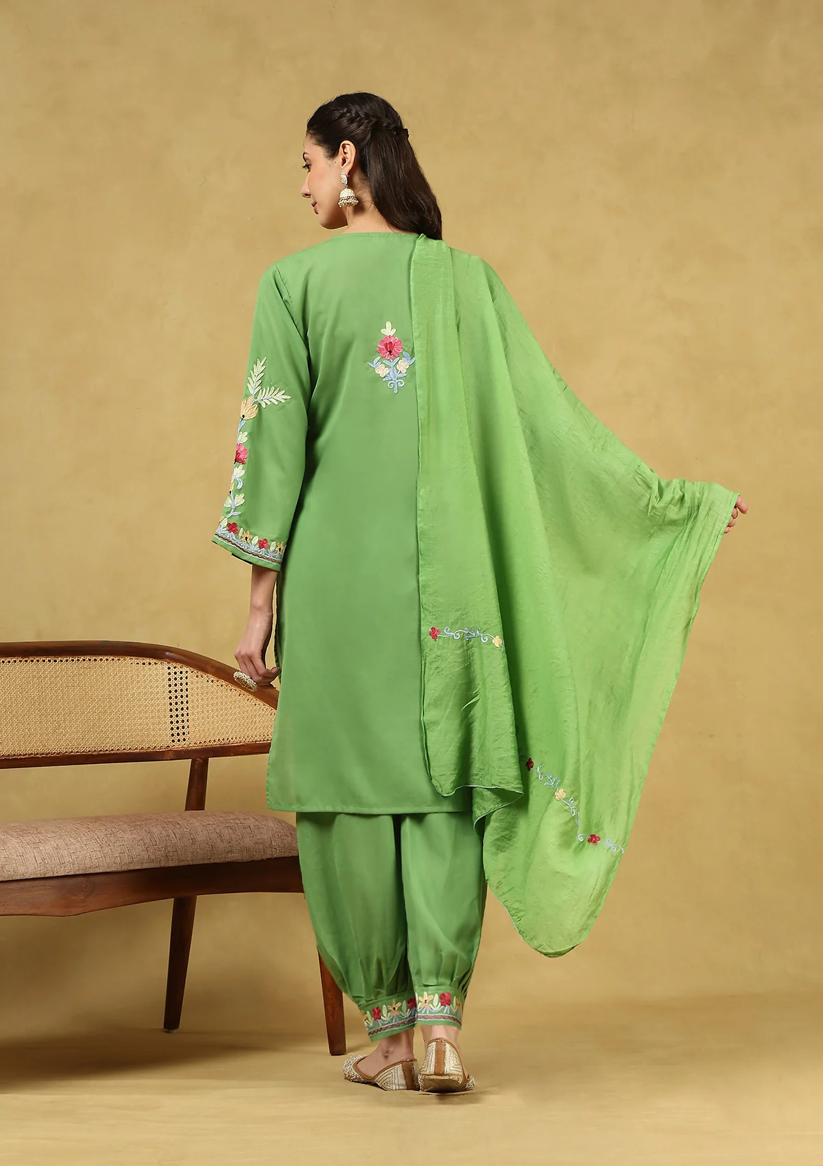 HOC Cotton Aari Embroidered Solid Women's 3 PC Short Kurta Set with Dupatta - Parrot Green - Healthber