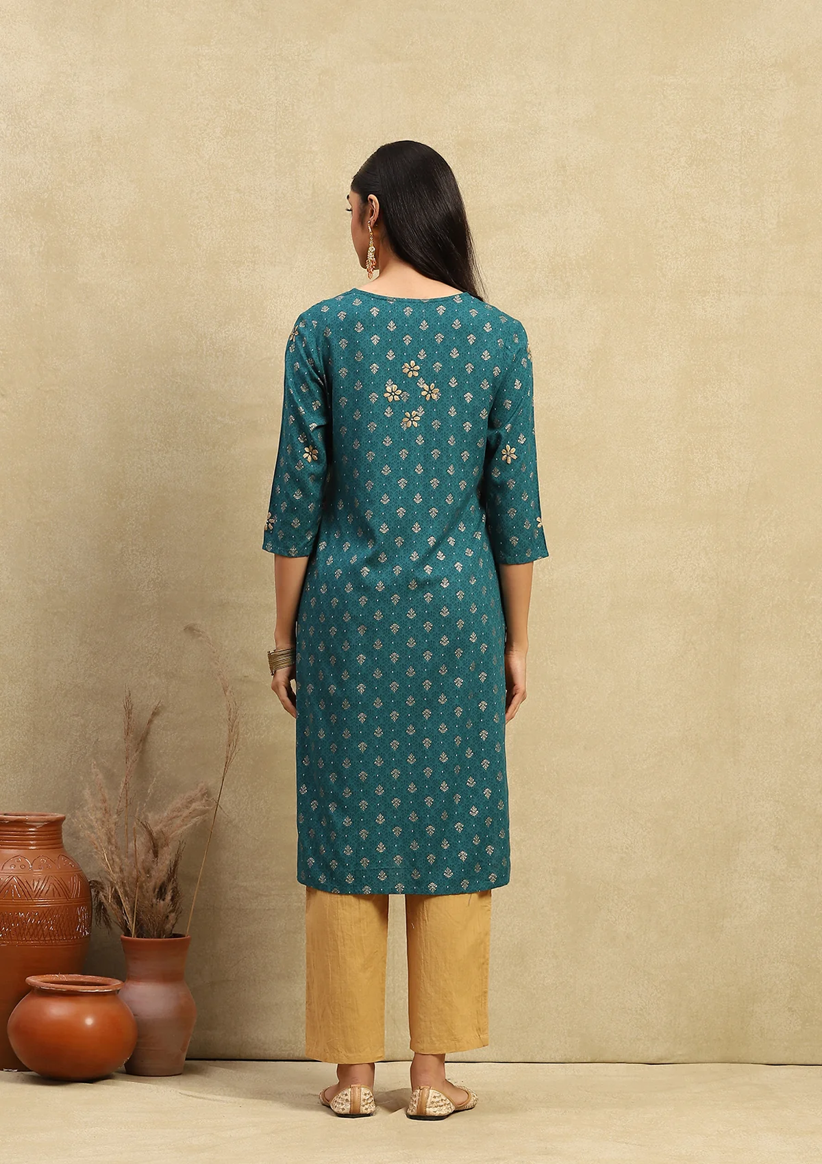 HOC Rayon Chikankari Printed Women's Long Kurta - Sea Green - Healthber