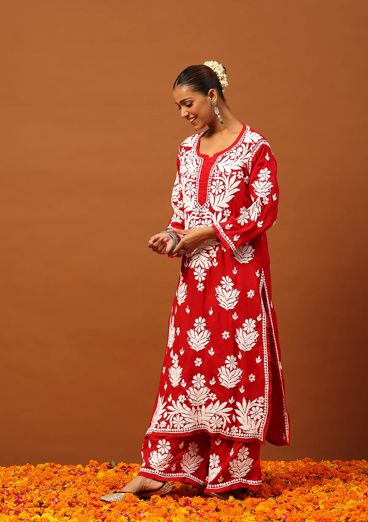 HOC Modal Chikankari Solid Women's 2 PC Long Kurta Set -Red - Healthber