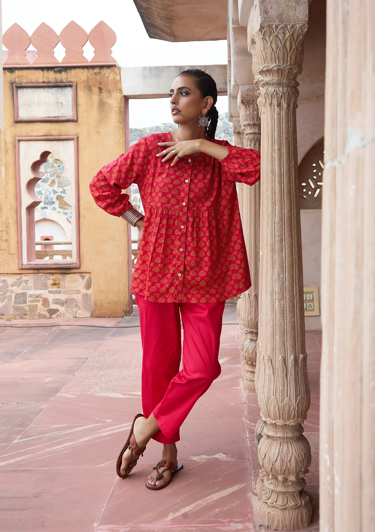 HOC Glazed Cotton Hand Block Printed with Hand Embroidery Women's 2 PC Co-ord Set - Pink - Healthber