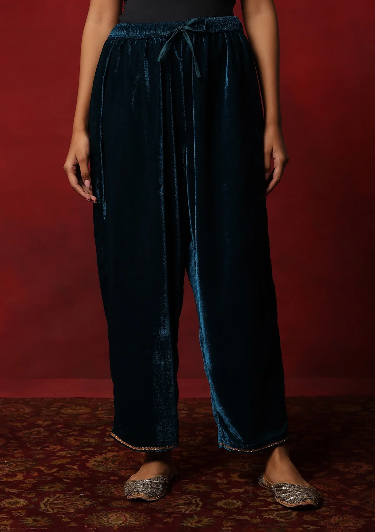 HOC Kashmiri Velvet Tilla Embroidered Solid Women's 2 PC Phiran Set -Teal Green - Healthber