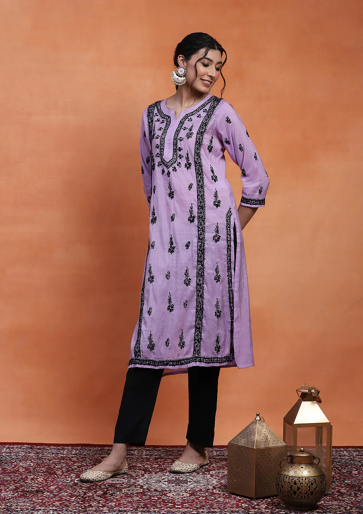 HOC Chanderi Chikankari Solid Women's Long Kurta - Lavender - Healthber