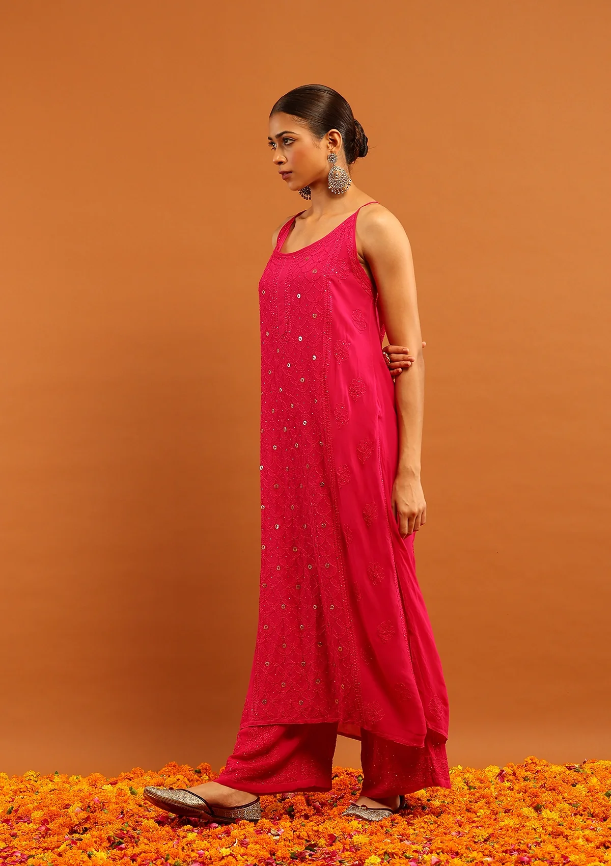 HOC Viscose Georgette Chikankari Mukaish & Kamdani Solid Women's 3 PC Long Kurta Set-Magenta - Healthber