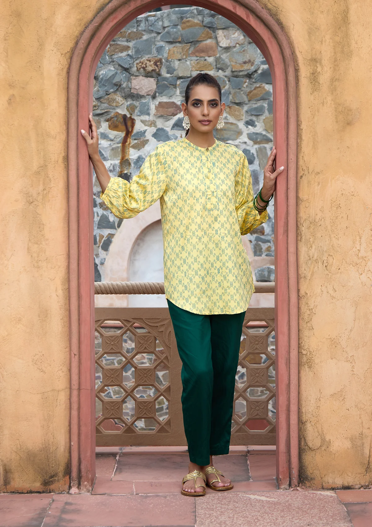 HOC Glazed Cotton Hand Block Printed Women's Short Kurta - Yellow - Healthber