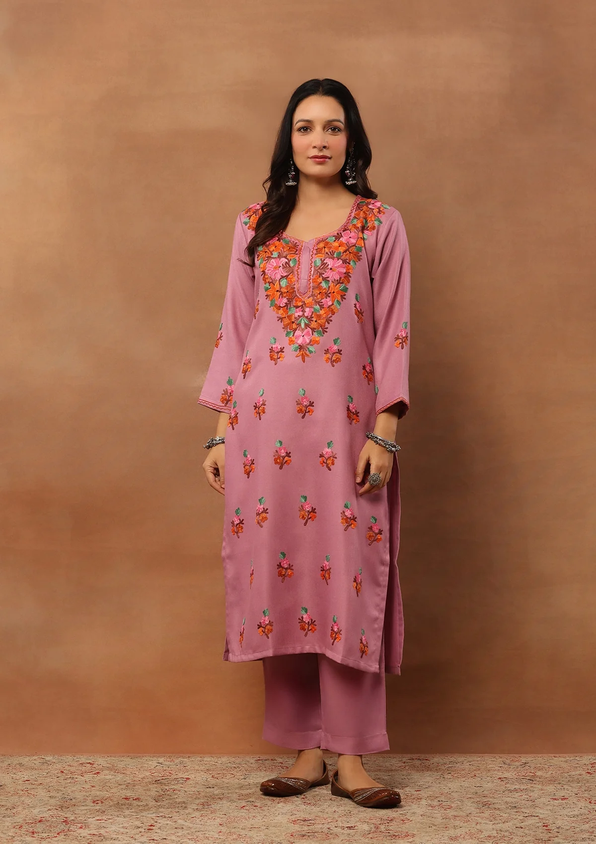 HOC Woollen Aari Embroidered Solid Women's 2 PC Long Kurta Set - Lavender - Healthber