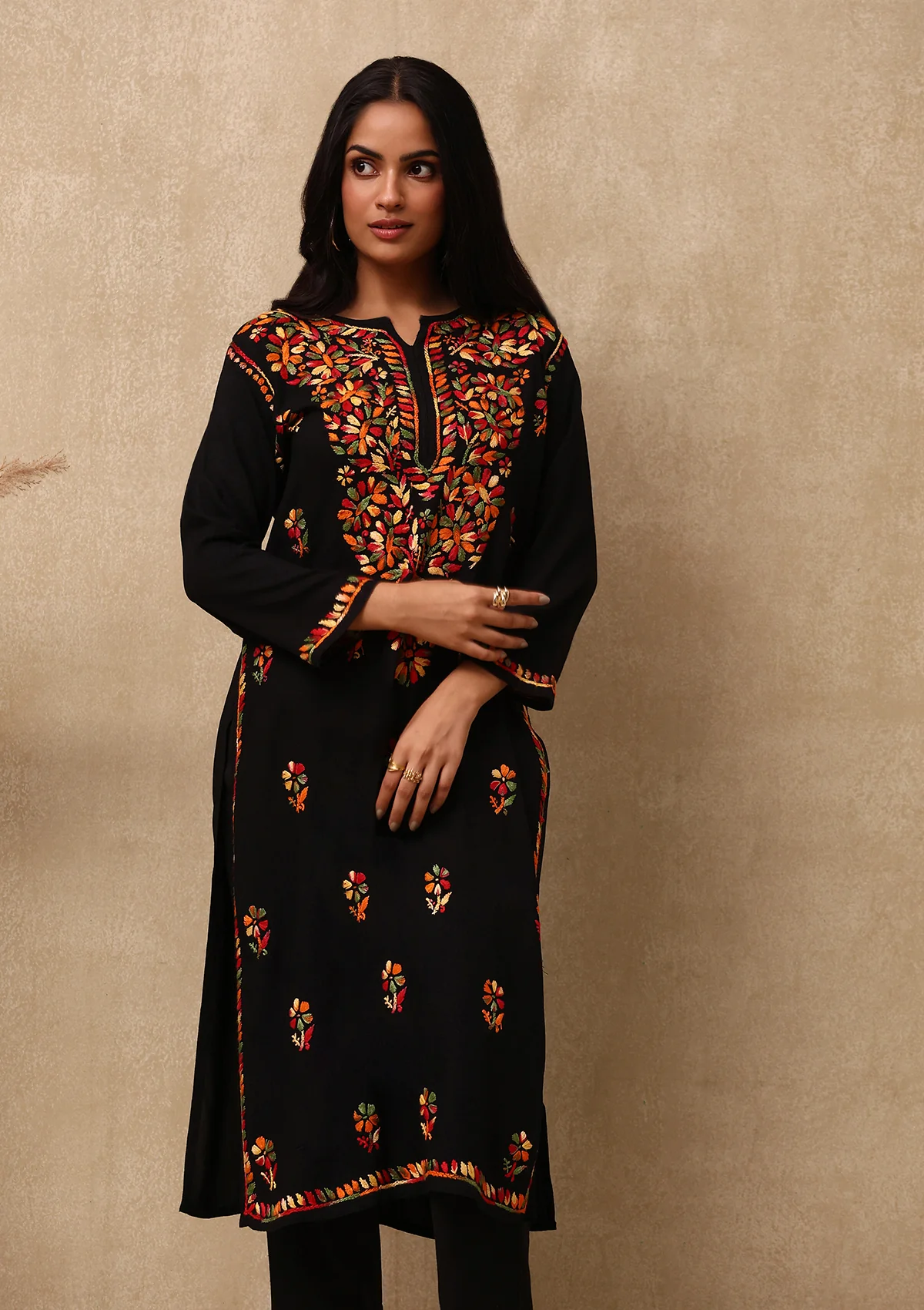 HOC Rayon Chikankari Solid Women's Long Kurta - Black - Healthber