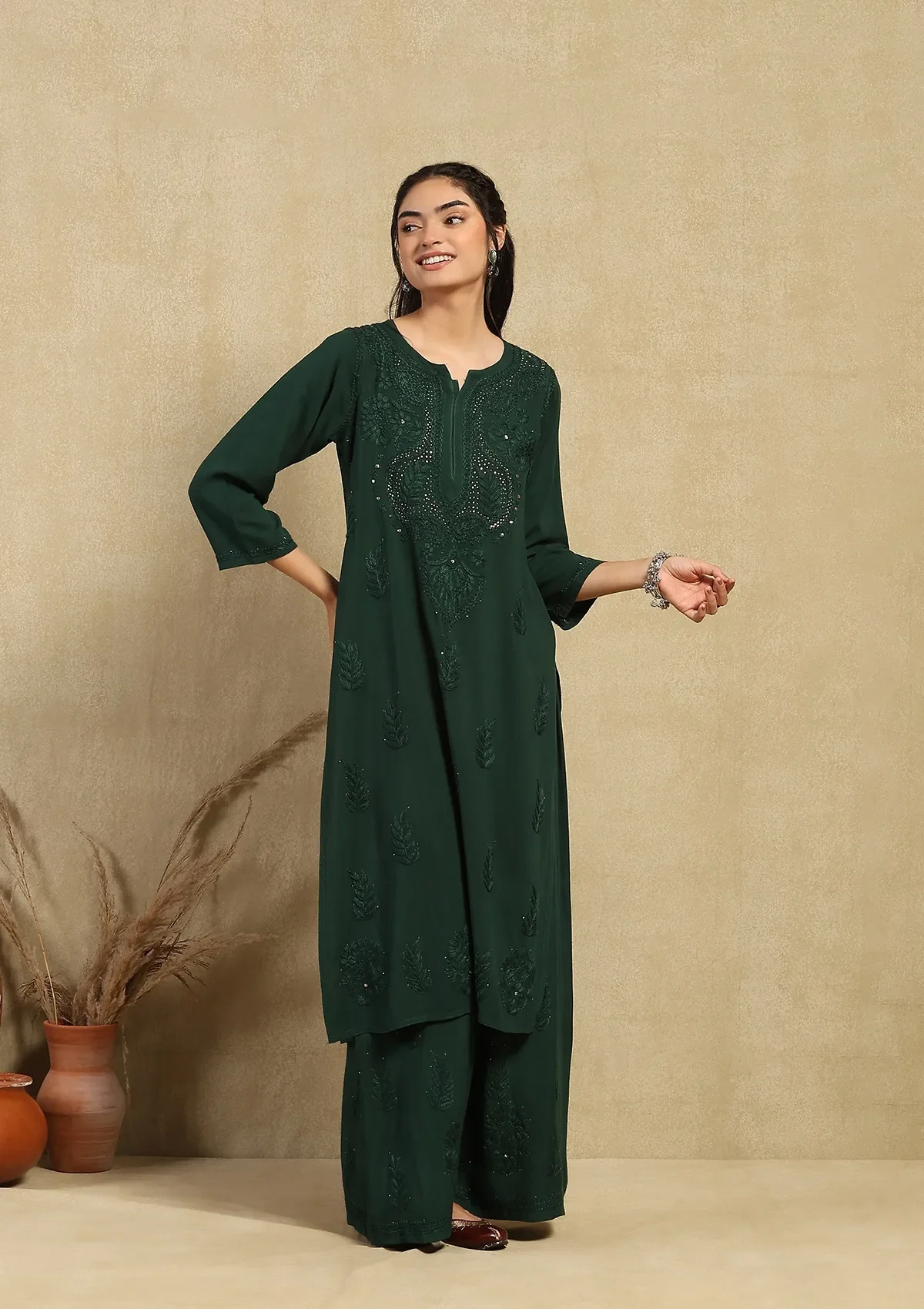 HOC Rayon Chikankari Mukaish Solid Women's 2PC Long Kurta Set - Dark Green - Healthber
