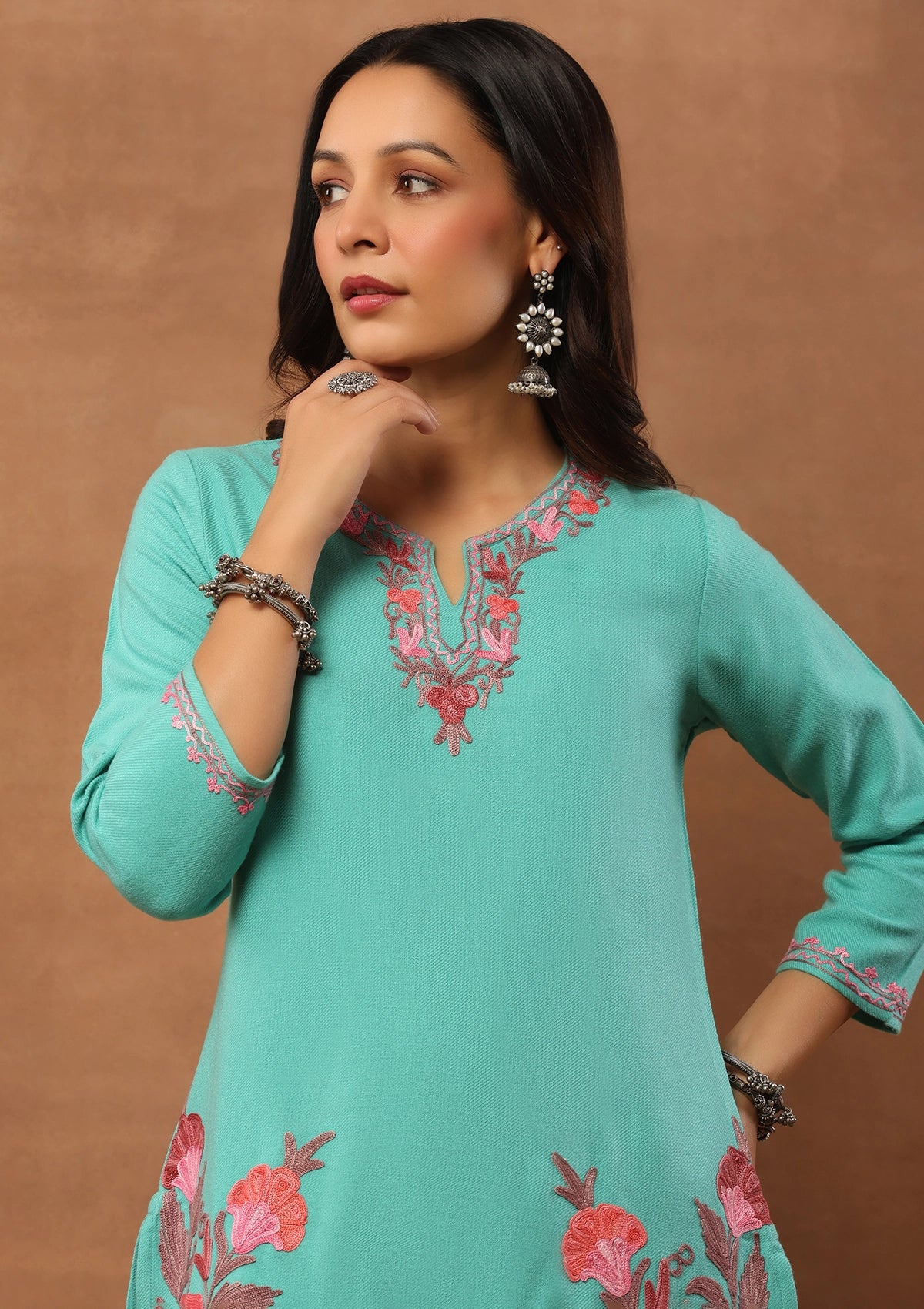 HOC Aari Embroidered Woollen Solid Women's Short Kurta - Turquoise Blue - Healthber