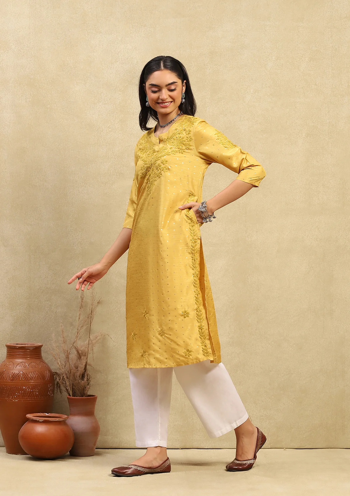 HOC Chanderi Chikankari Printed Women's Long Kurta - Yellow - Healthber