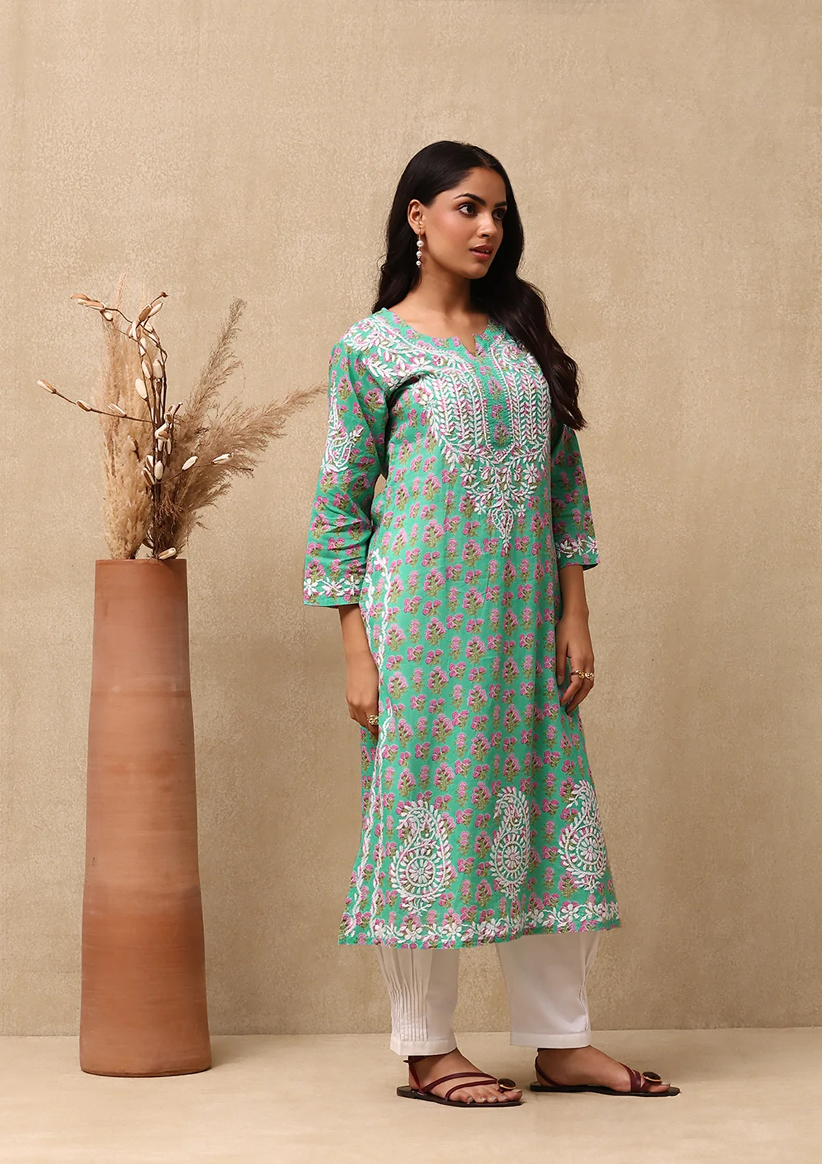 HOC Cotton Chikankari Printed Women's Long Kurta - Green - Healthber