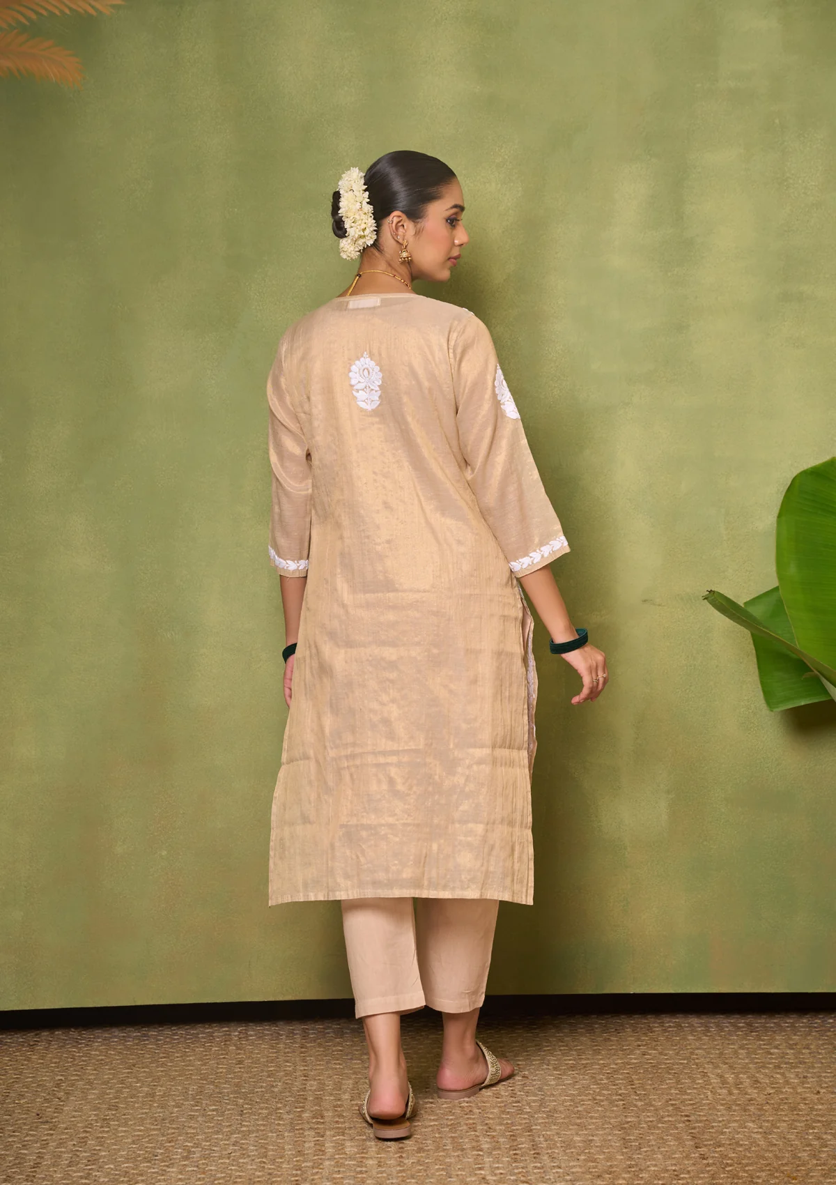 HOC Tissue Silk Chikankari Solid Women's 4 PC Long Kurta Set - Golden - Healthber