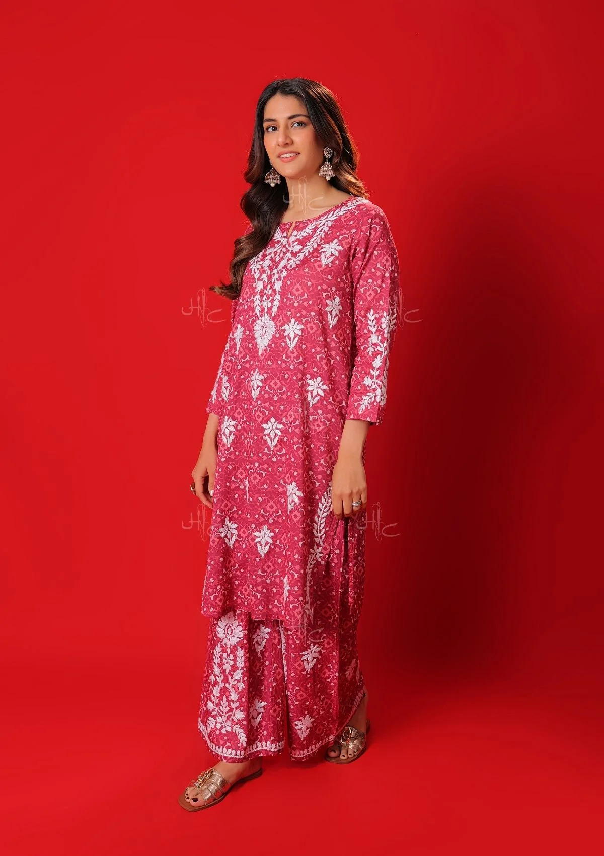 HOC Meher Mulmul Chikankari Printed Women's 2 PC Short Kurta Set - Pink - Healthber
