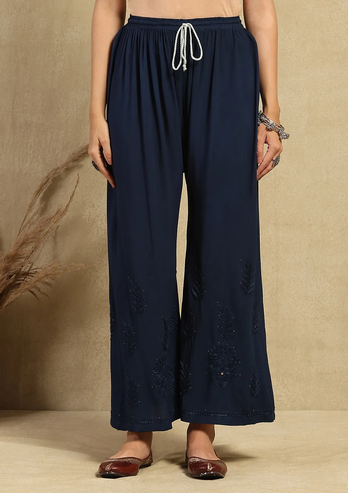 HOC Rayon Chikankari Mukaish Solid Women's 2PC Long Kurta Set -Navy Blue - Healthber