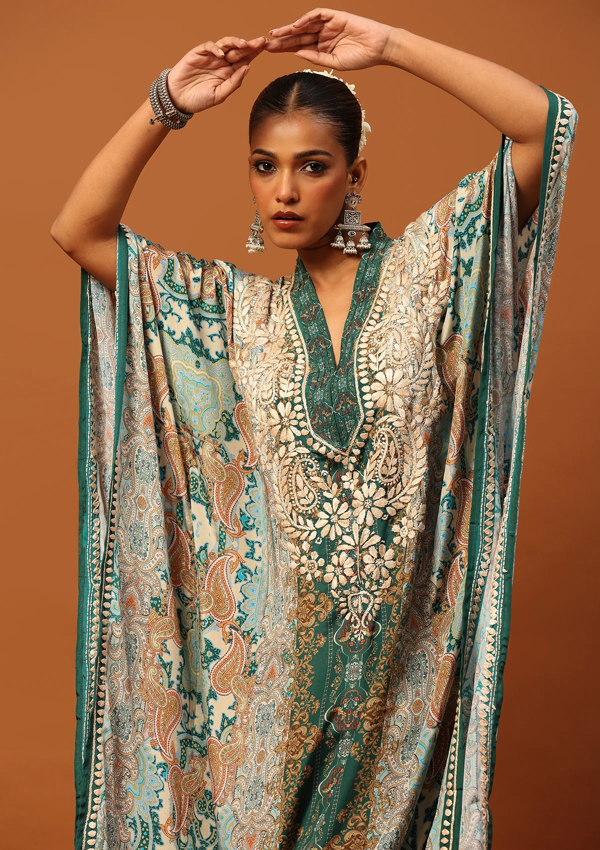 HOC Crepe Chikankari Printed Women's Kaftan -Green - Healthber