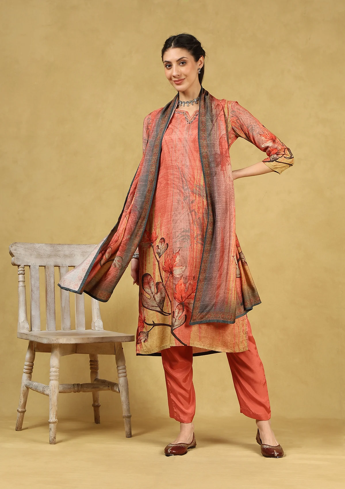 HOC Hand Embellished Muslin Printed Women's 3 PC Long Kurta Set with Dupatta - Rust - Healthber