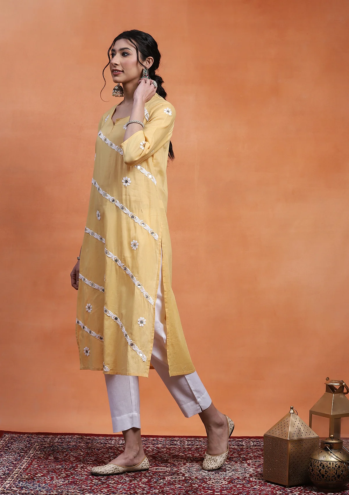 HOC Cotton Chikankari Gota Work Women's Long Kurta - Yellow - Healthber