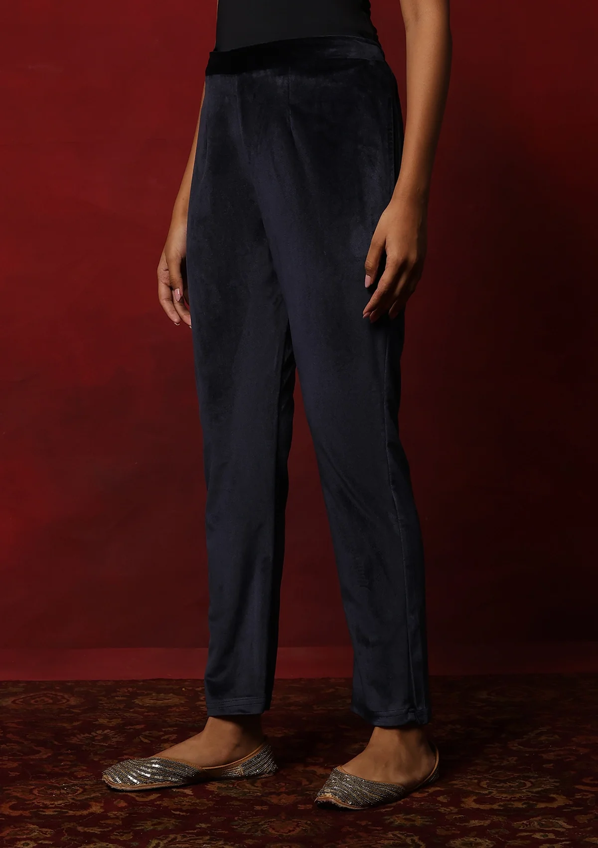 HOC Velvet Embroidered & Embellished Solid Women's 3 PC Kurta Set- Navy Blue - Healthber