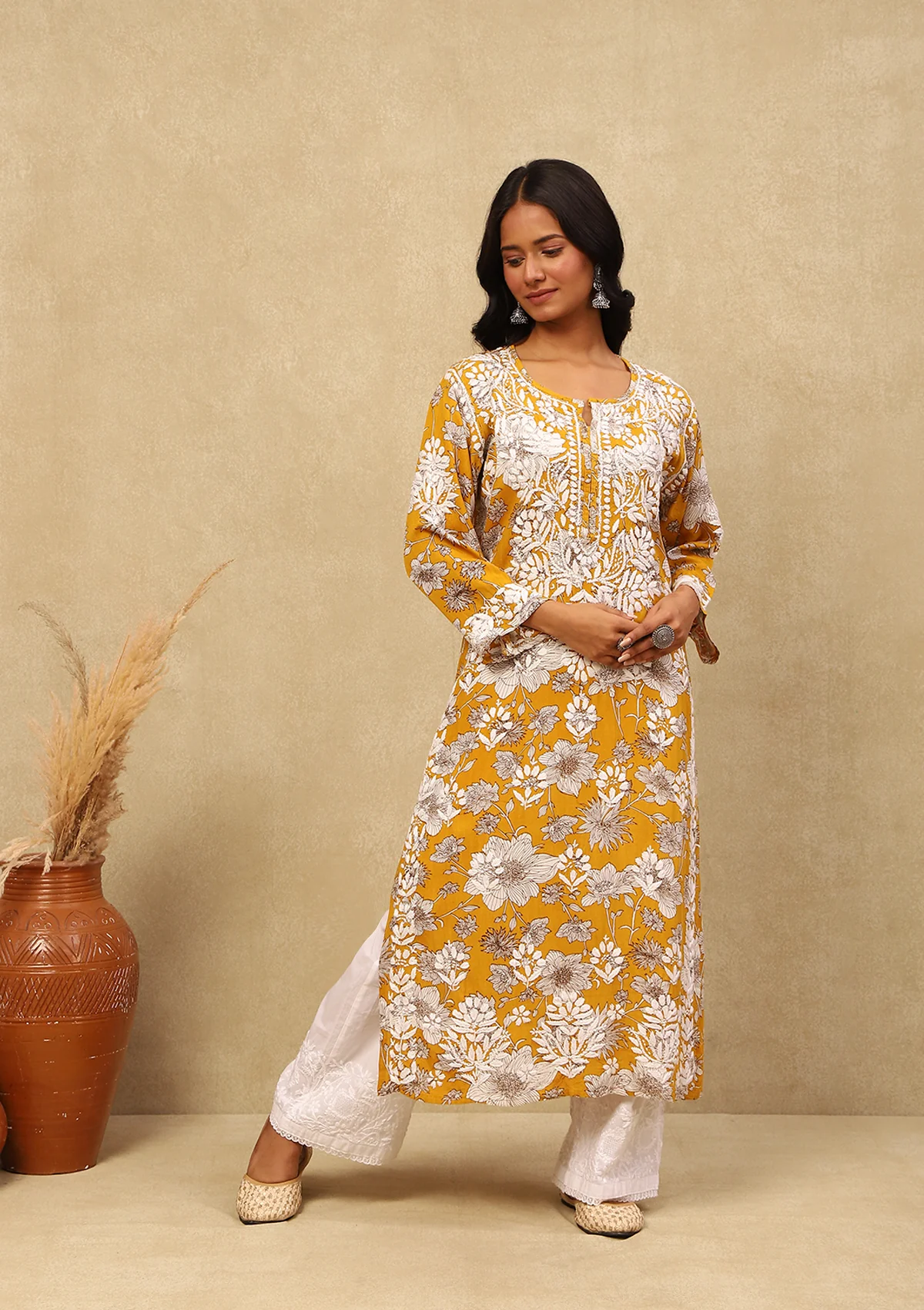 HOC Rayon Chikankari Printed Women's Long Kurta -Mustard - Healthber