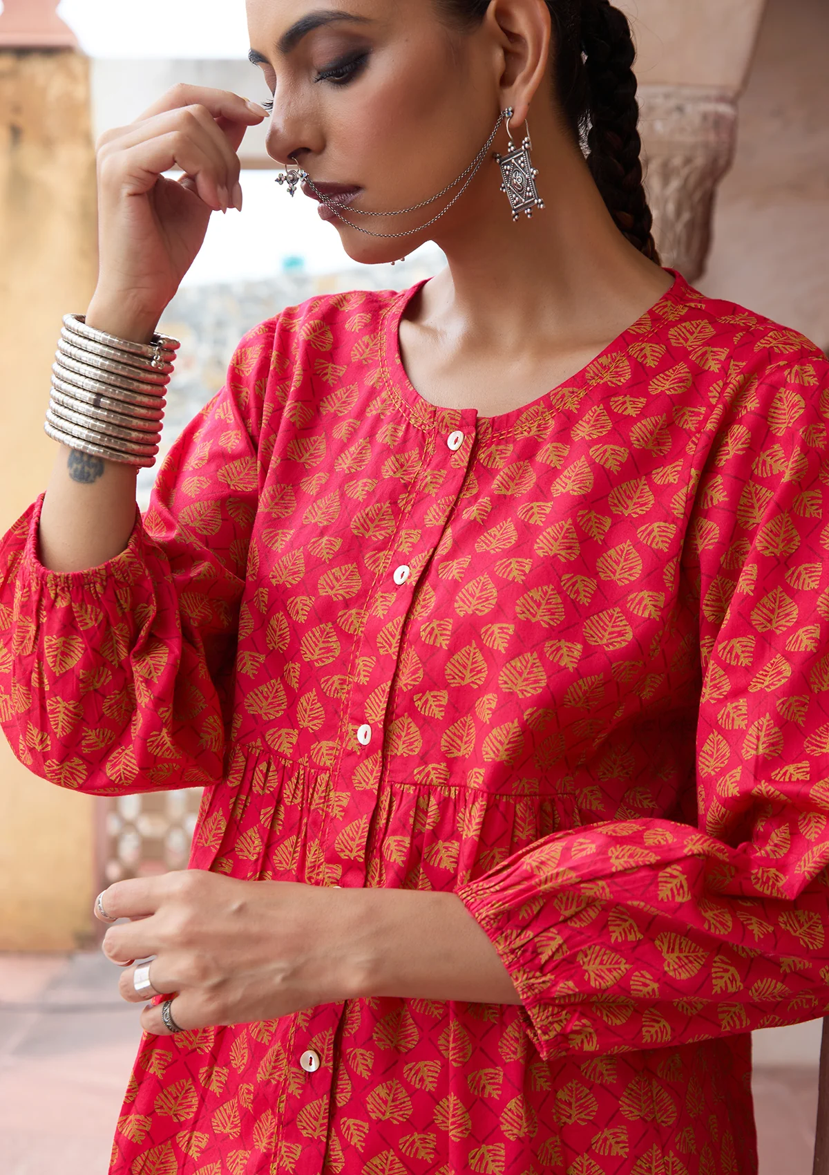 HOC Glazed Cotton Hand Block Printed with Hand Embroidery Women's 2 PC Co-ord Set - Pink - Healthber