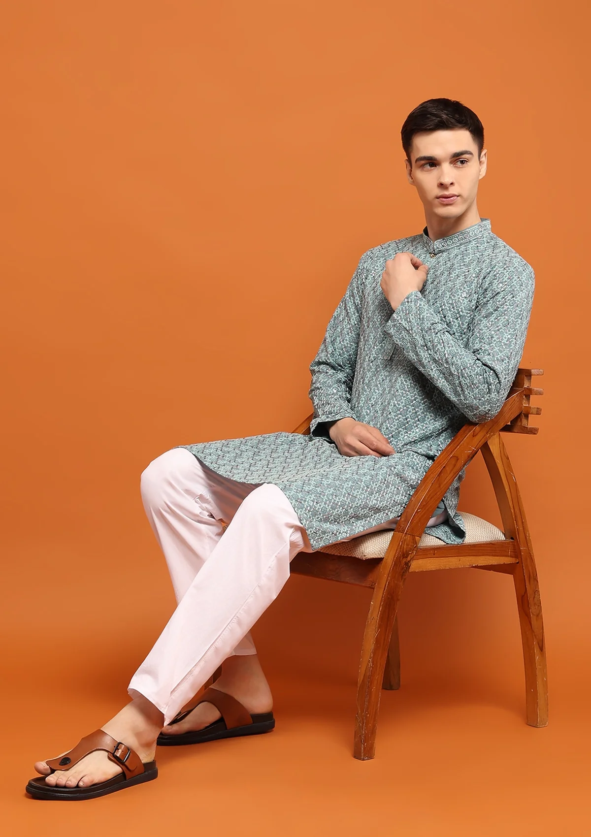 HOC Rayon Embroidered With Sequins Solid Men's Long Kurta- Seafoam Green - Healthber