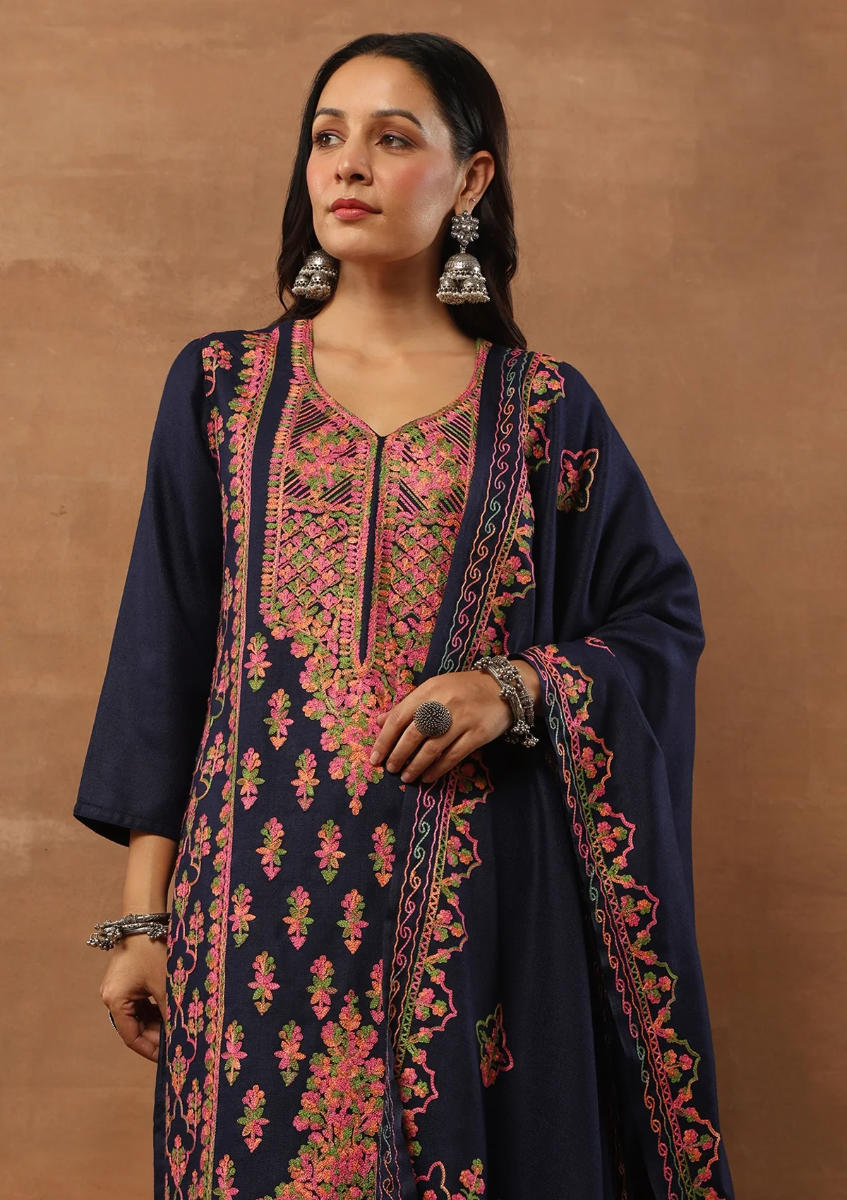 HOC Aari Woollen Straight Kurta Set with Dupatta-Blue - Healthber