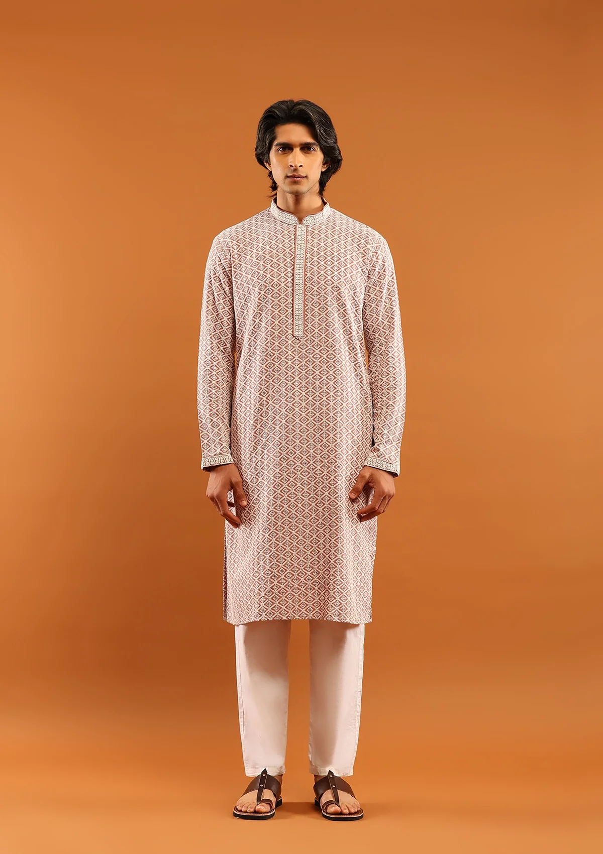 HOC Rayon Embroidered With Sequins Solid Men's Long Kurta- Dusty Pink - Healthber