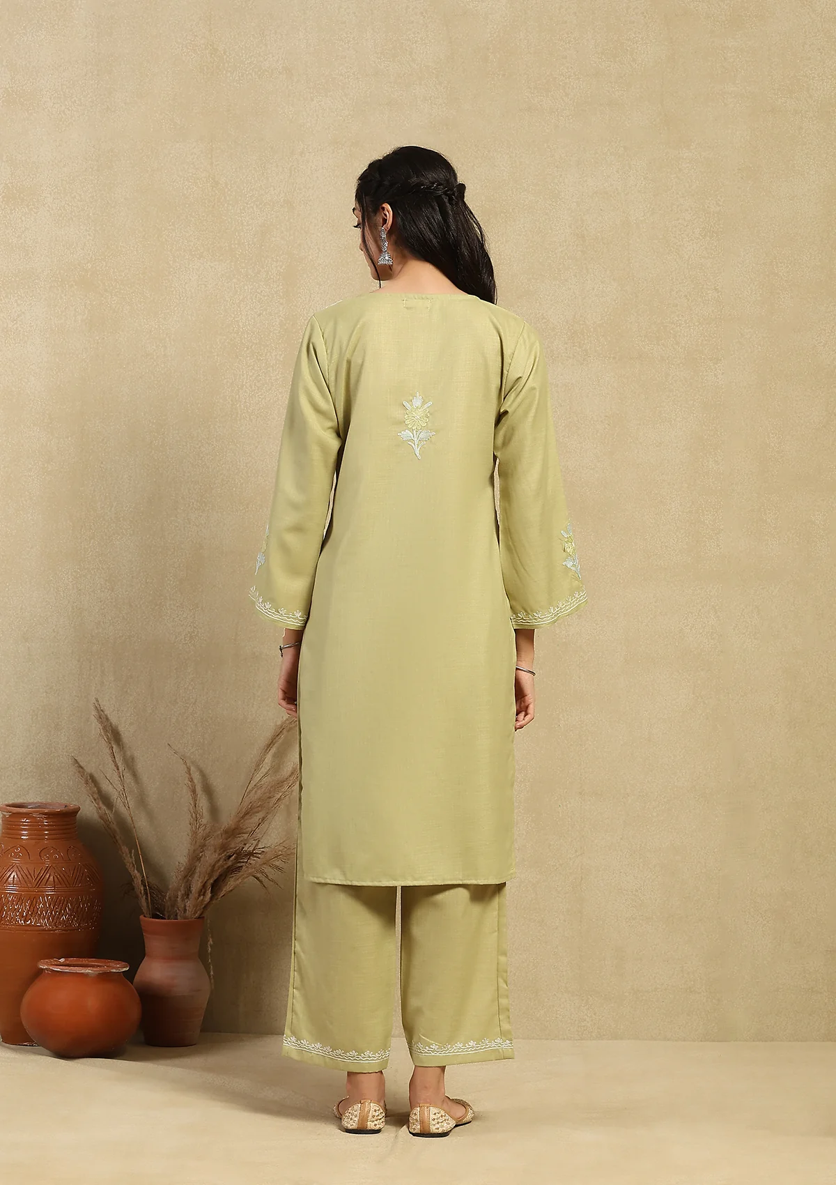 HOC Cotton Aari Embroidered Solid Women's 2 PC Long  Kurta Set - Green - Healthber