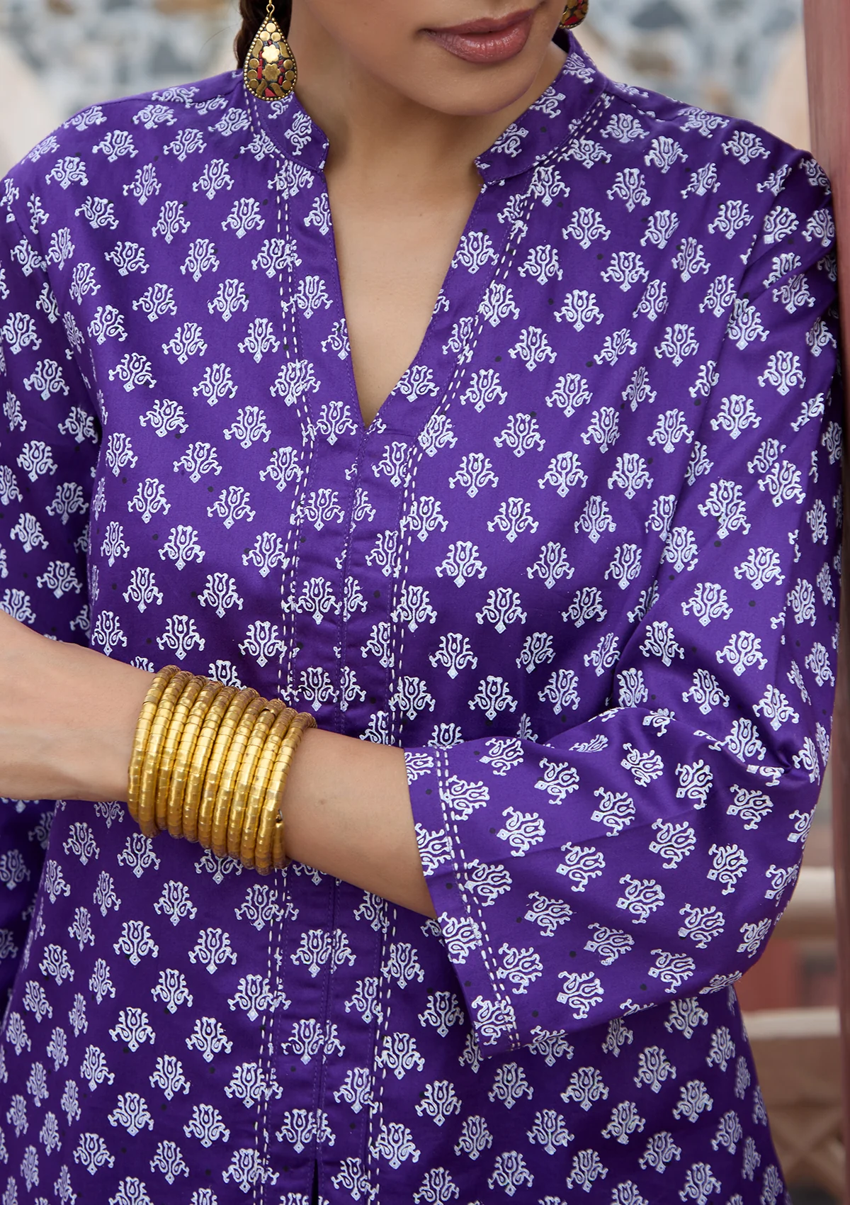 HOC Glazed Cotton Hand Block Printed with Hand Embroidery Women's Short Kurta - Dark Purple - Healthber