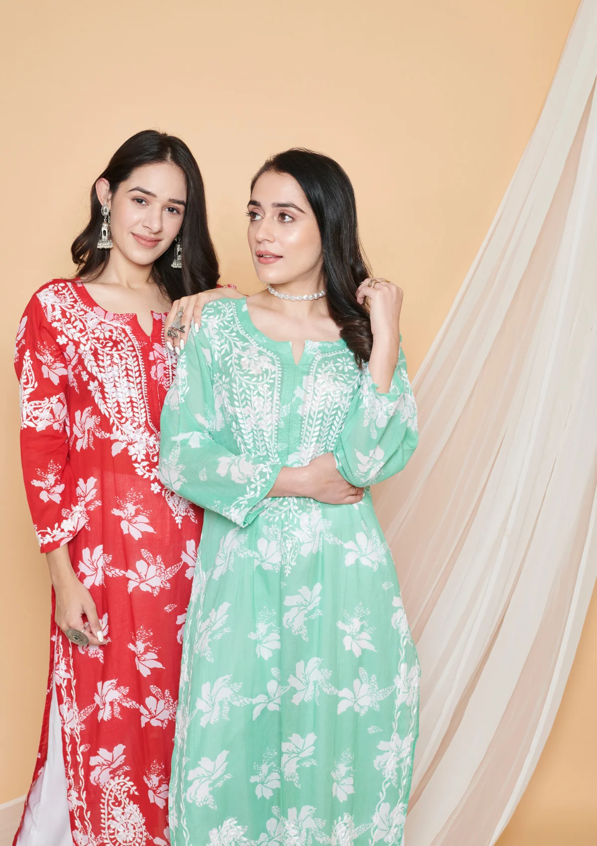 HOC Tamara Mulmul Chikankari Printed Women's Straight Kurta - Red - Healthber