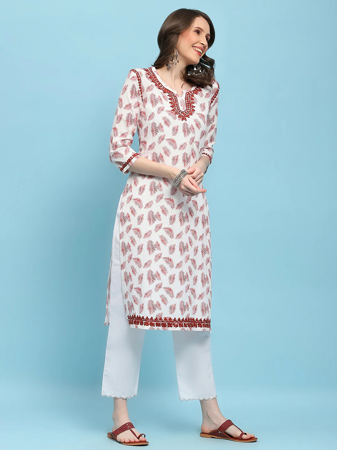 HOC Linen Blend Chikankari Printed Women's Long Kurta - White - Healthber