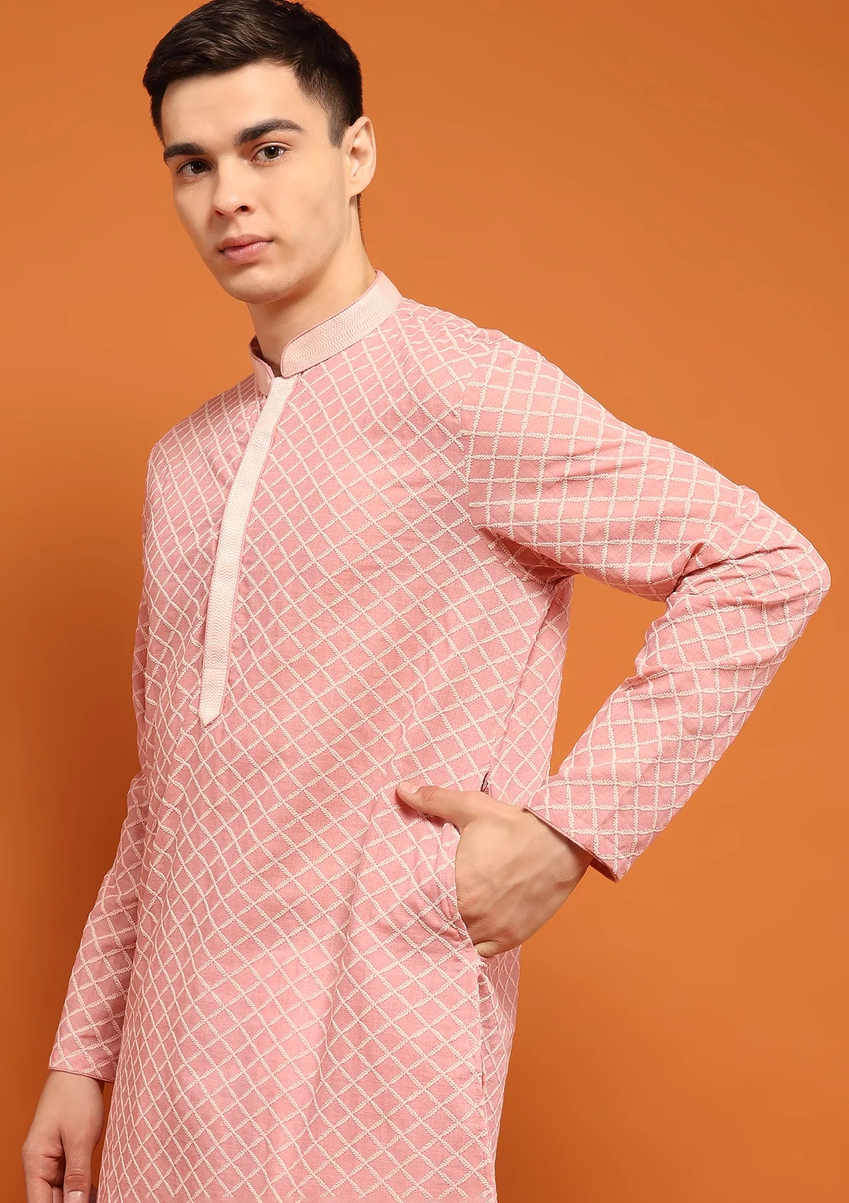 HOC Dobby Textured Solid Men's Long Kurta - Peach - Healthber
