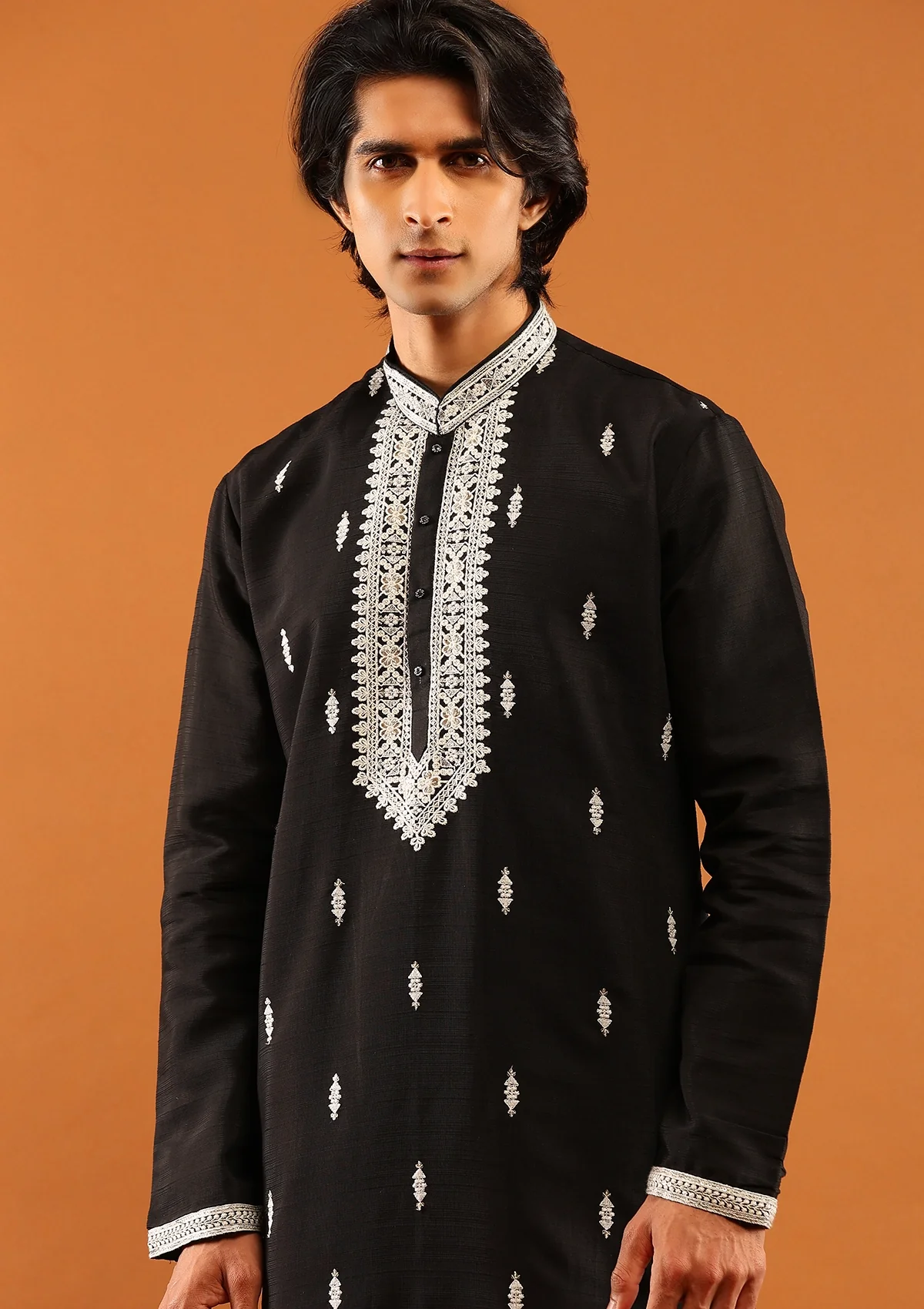 HOC Poly Silk Zari Embroidered With Sequins Solid Men's Long Kurta- Black - Healthber