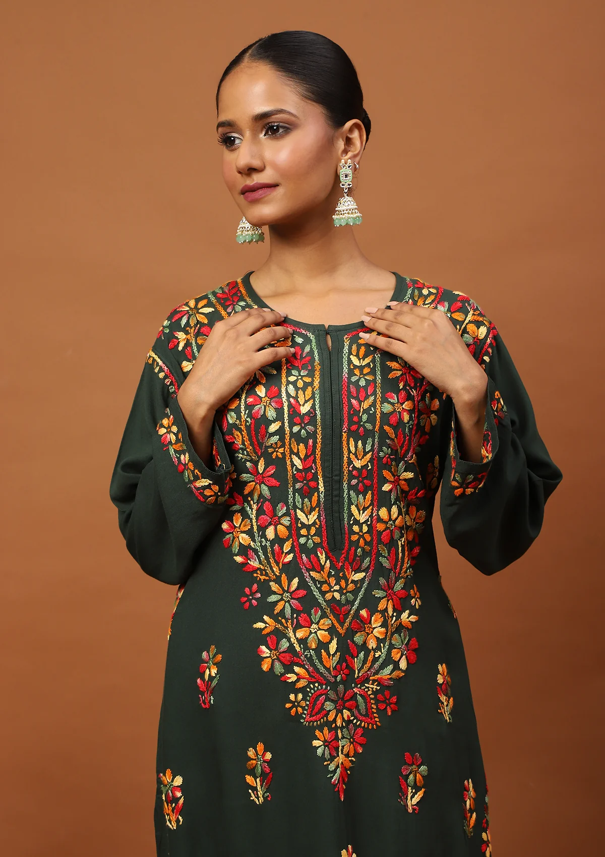 HOC Rayon Chikankari Solid Women's Long Kurta -Dark Green - Healthber