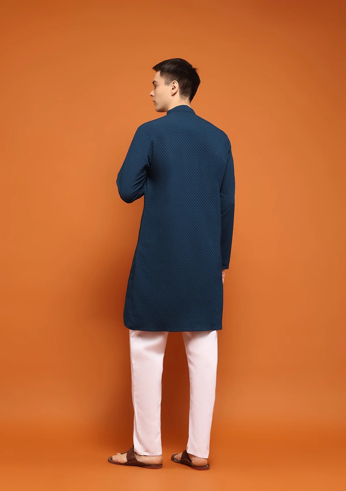 HOC Dobby Textured Solid Men's Long Kurta - Navy Blue - Healthber