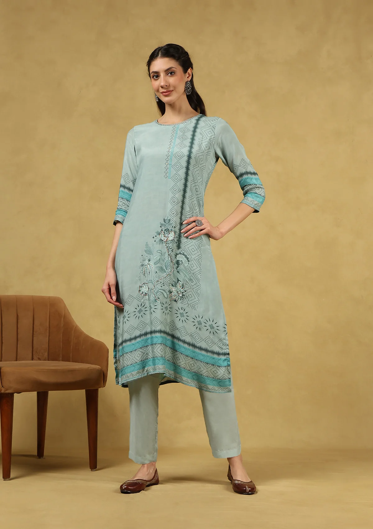 HOC Hand Embellished Muslin Zari Printed Women's 3 PC Long Kurta Set with Dupatta - Sea Green - Healthber