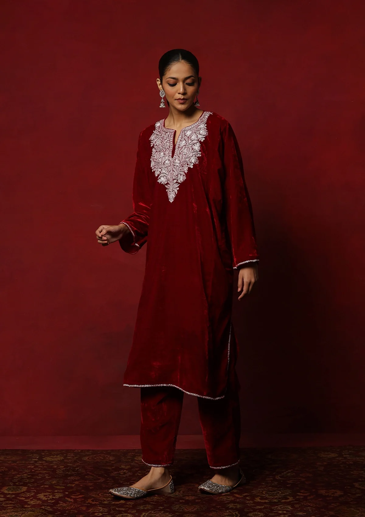 HOC Kashmiri Velvet Tilla Embroidered Solid Women's 2 PC Phiran Set -Maroon - Healthber