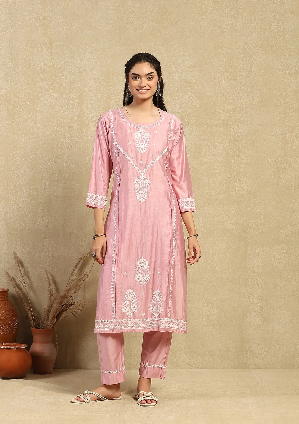 HOC Chanderi Chikankari Solid Women's 2PC Long Kurta Set -Pink - Healthber