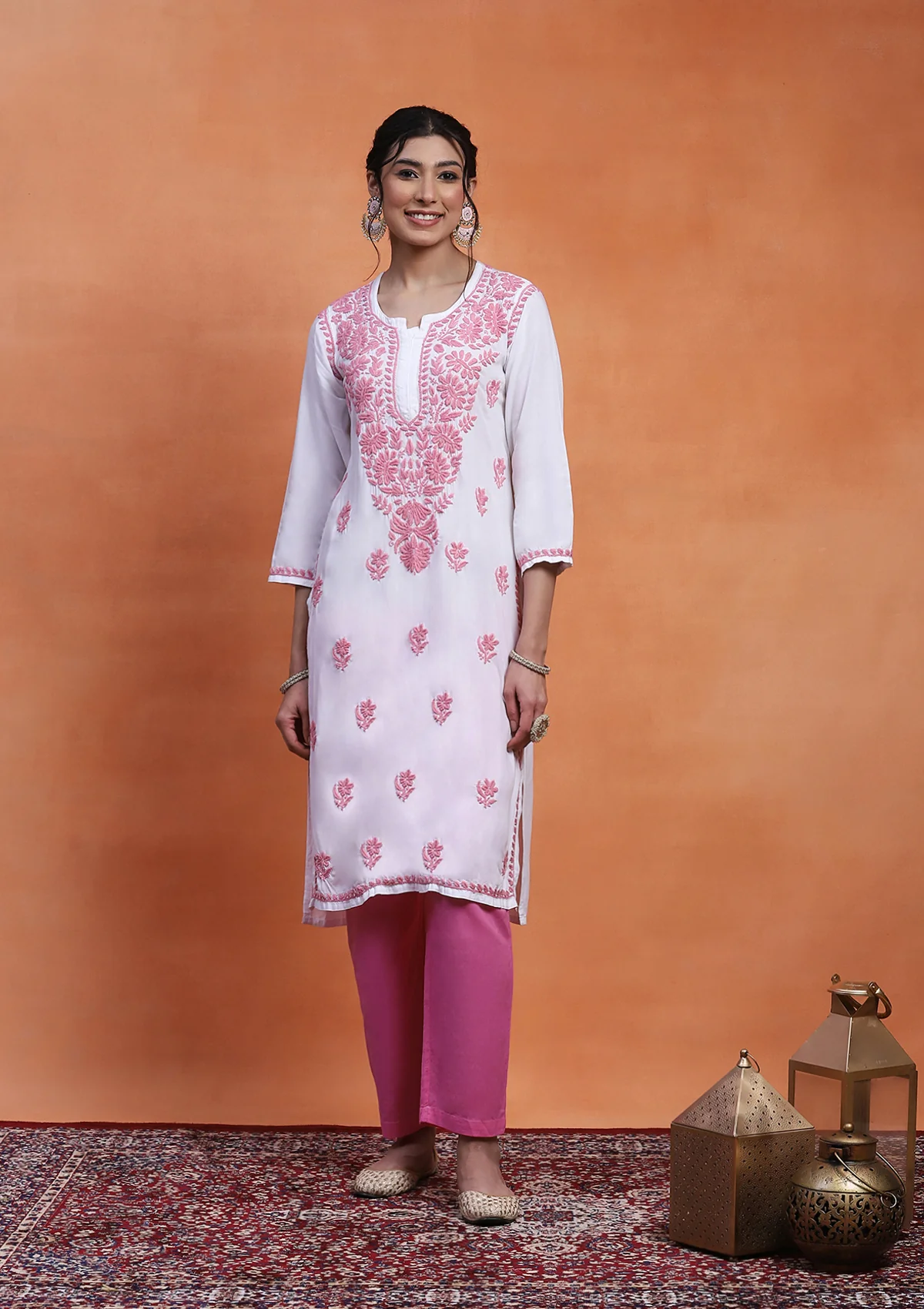 HOC Rayon Chikankari Solid Women's Long Kurta - White - Healthber