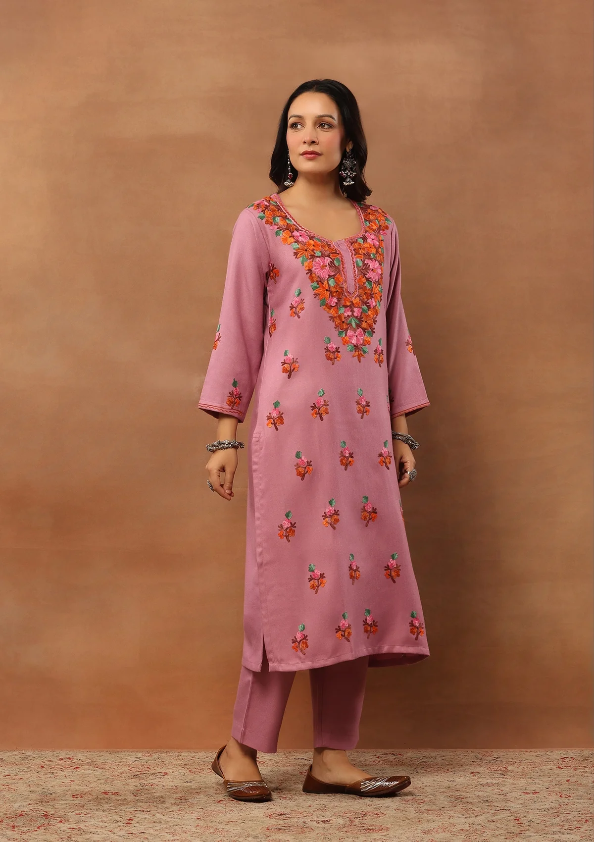 HOC Woollen Aari Embroidered Solid Women's 2 PC Long Kurta Set - Lavender - Healthber
