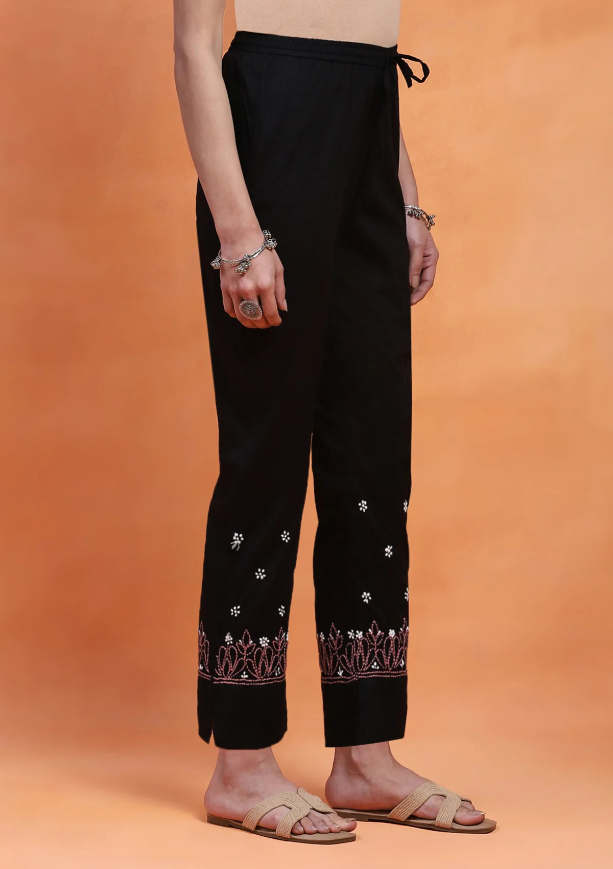 HOC Cotton Cambric Chikankari Solid Women's Pant - Black - Healthber