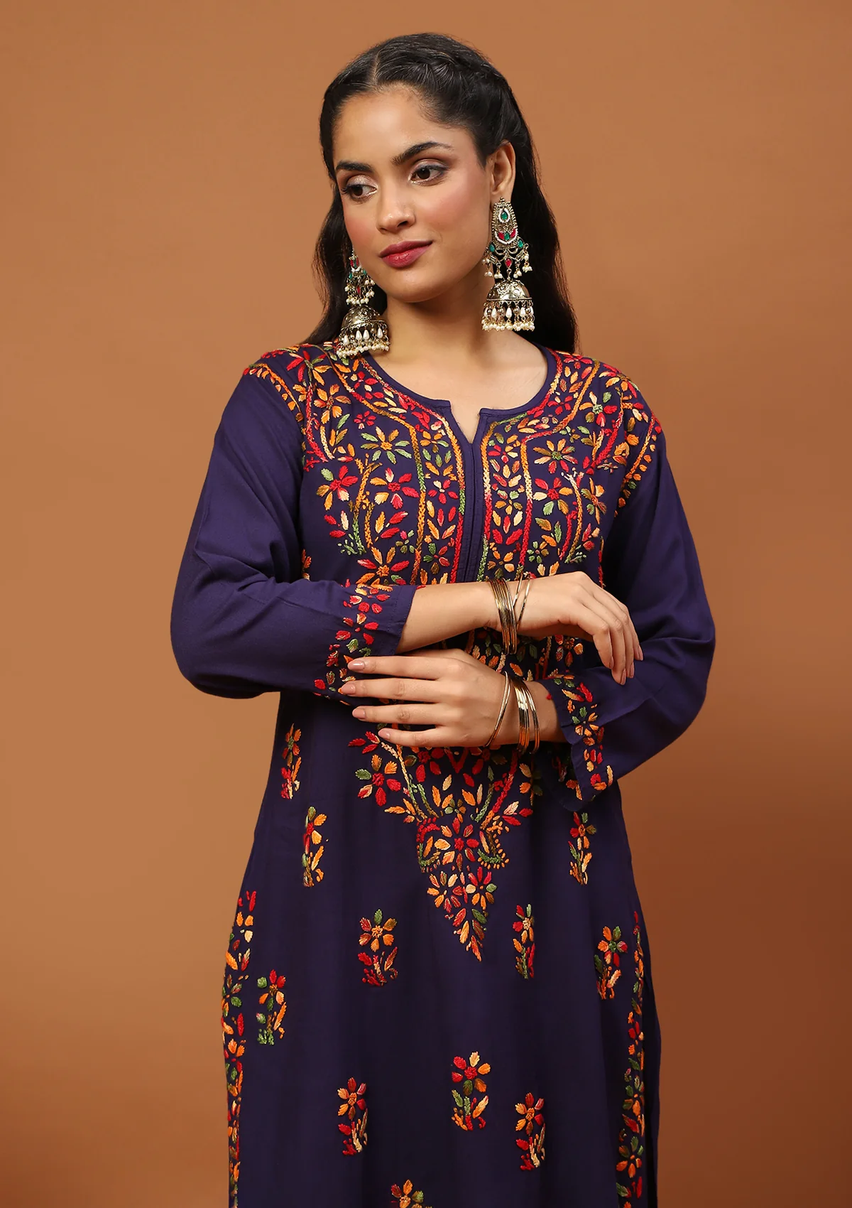 HOC Rayon Chikankari Solid Women's Long Kurta -Dark Blue - Healthber