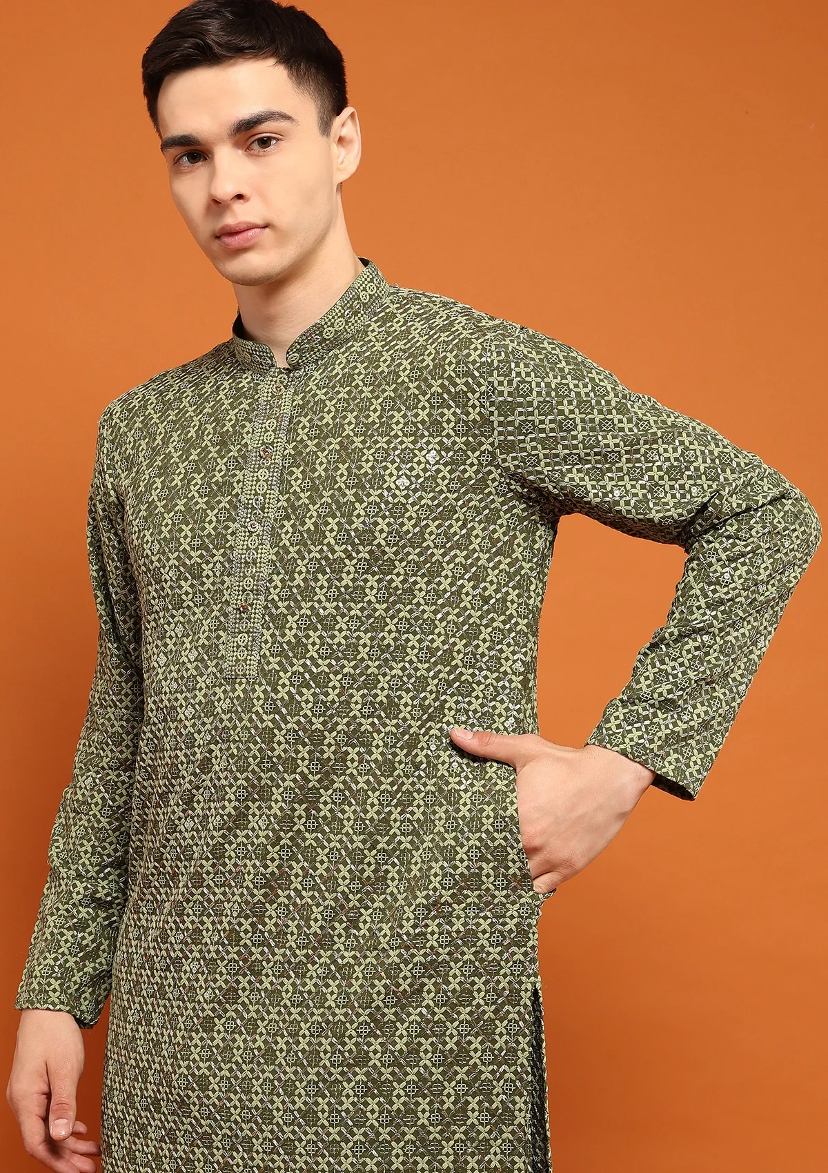 HOC Rayon Embroidered With Sequins Solid Men's Long Kurta- Green - Healthber